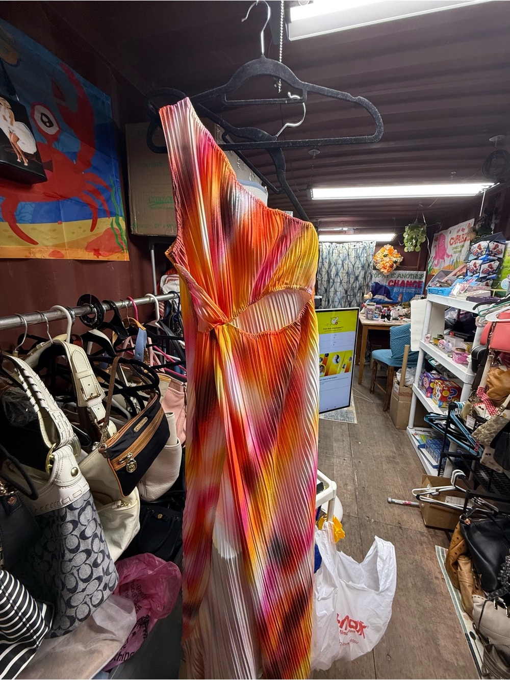 PrettyLittleThing One-Shoulder Pleated Maxi Dress in Orange, Pink and Yellow